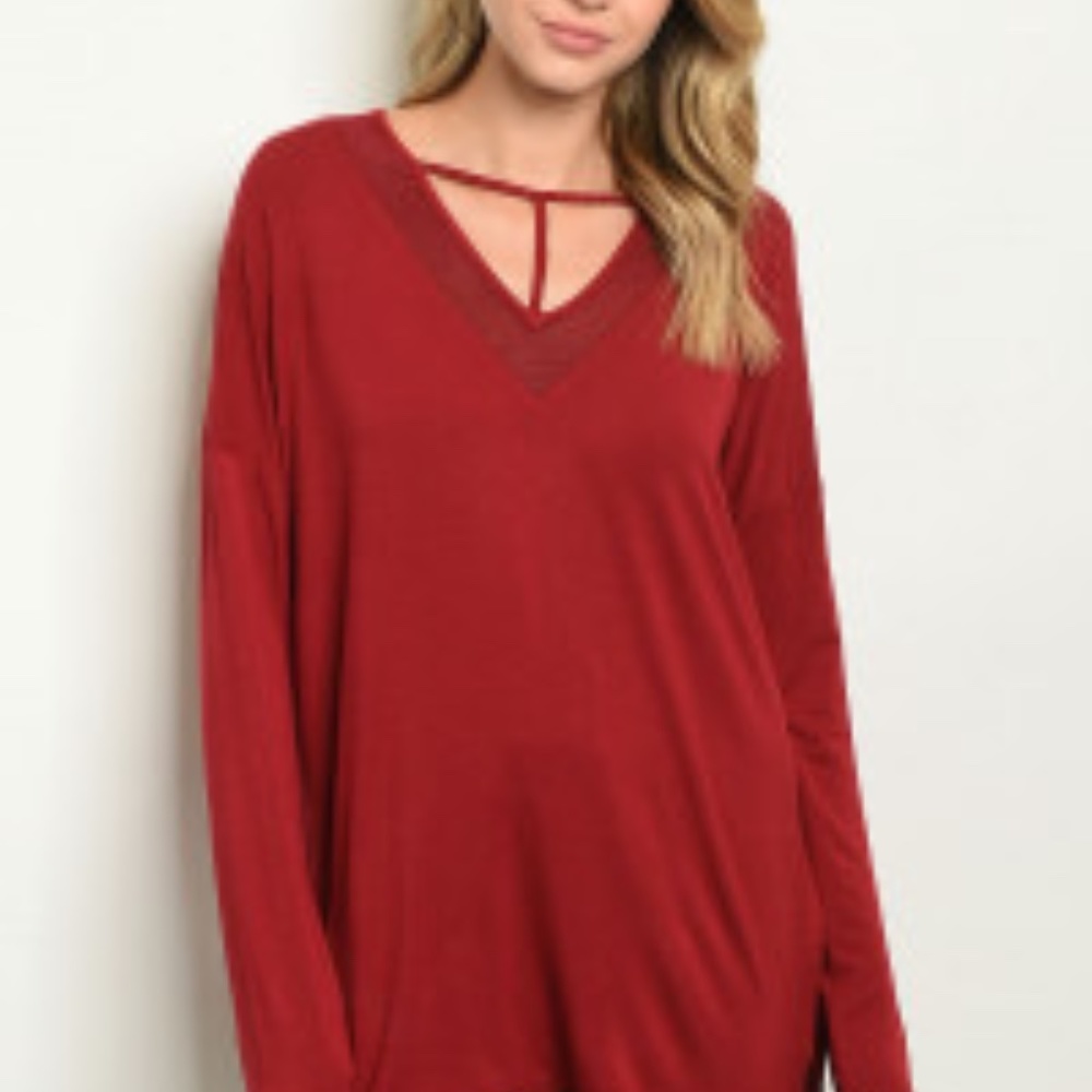 Love Riche Red T-collar high Low Long sleeve Tunic